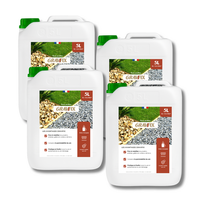 Gravifix® – Lot de 4 bidons (20L) – Fixateur de graviers, galets & paillis